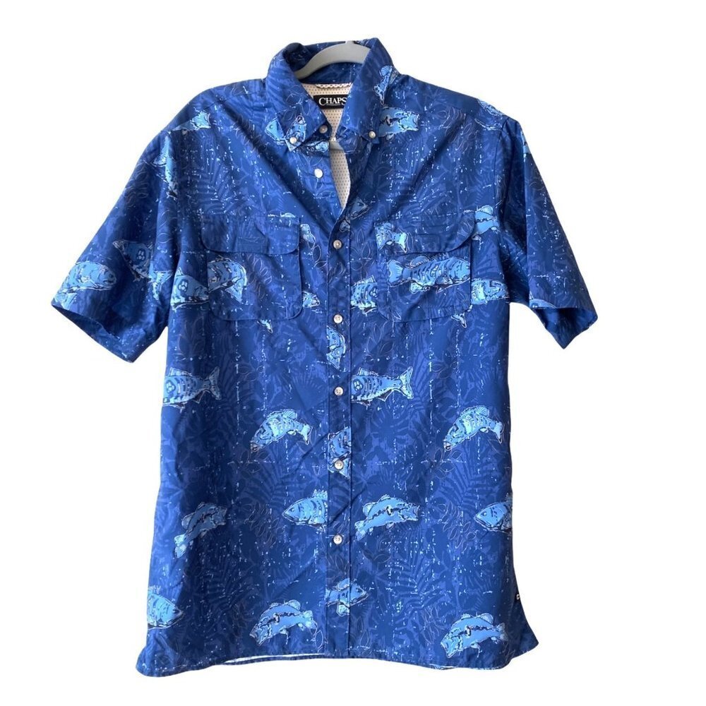 Ralph Lauren CHAPS Fishing Shirt Men's M Outdoor Blue Short Sleeve Fish Print